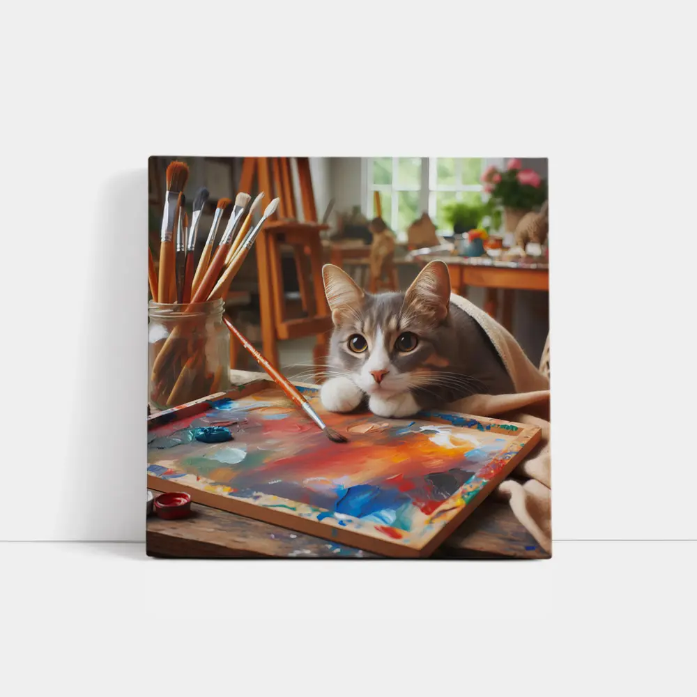 Gray Cat Painting In Artist Studio – Wall Art