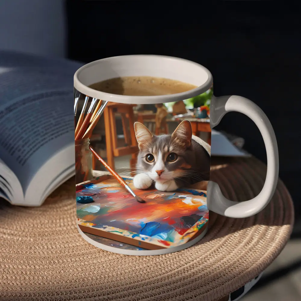 Gray Cat Painting In Artist Studio – Mugs