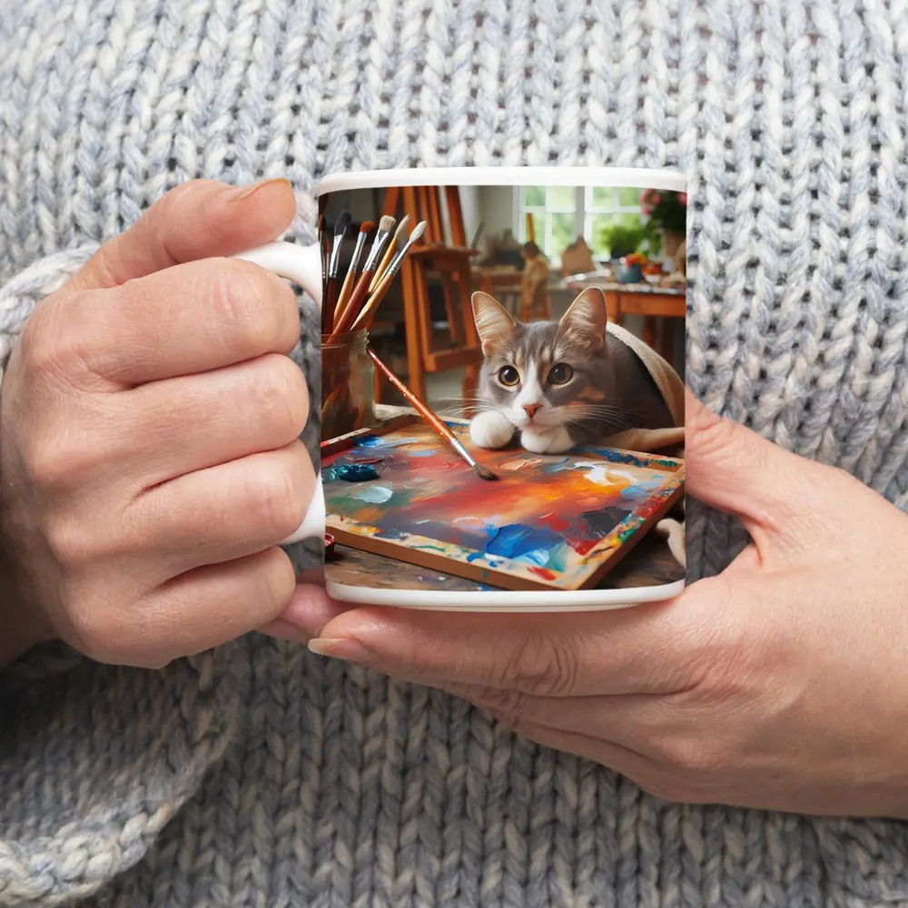 Gray Cat Painting In Artist Studio – Mugs