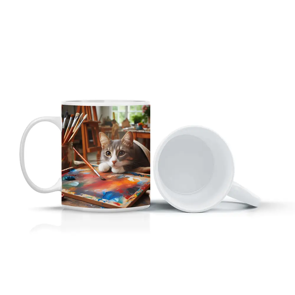 Gray Cat Painting In Artist Studio – Mugs