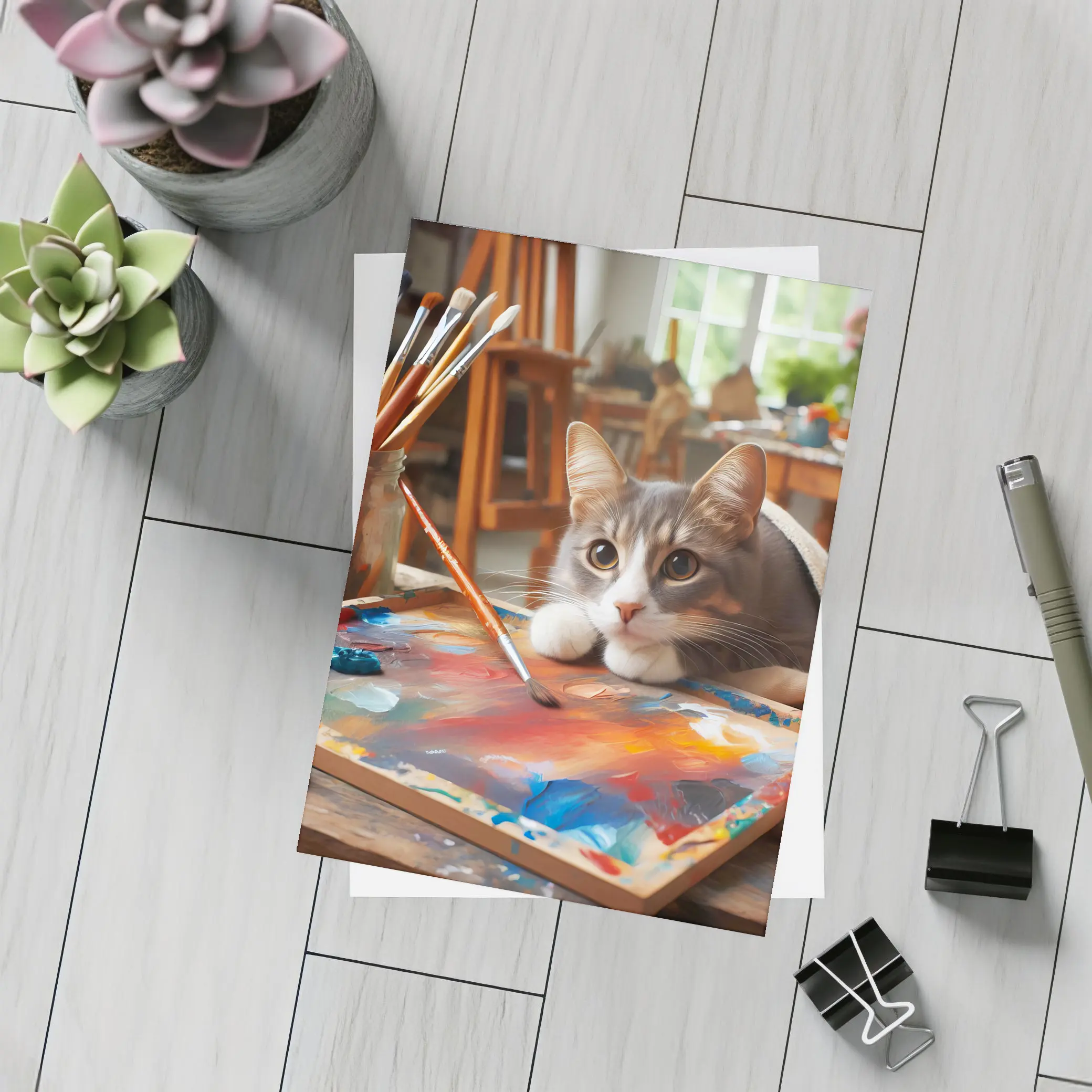 Gray Cat Painting In Artist Studio – Postcards