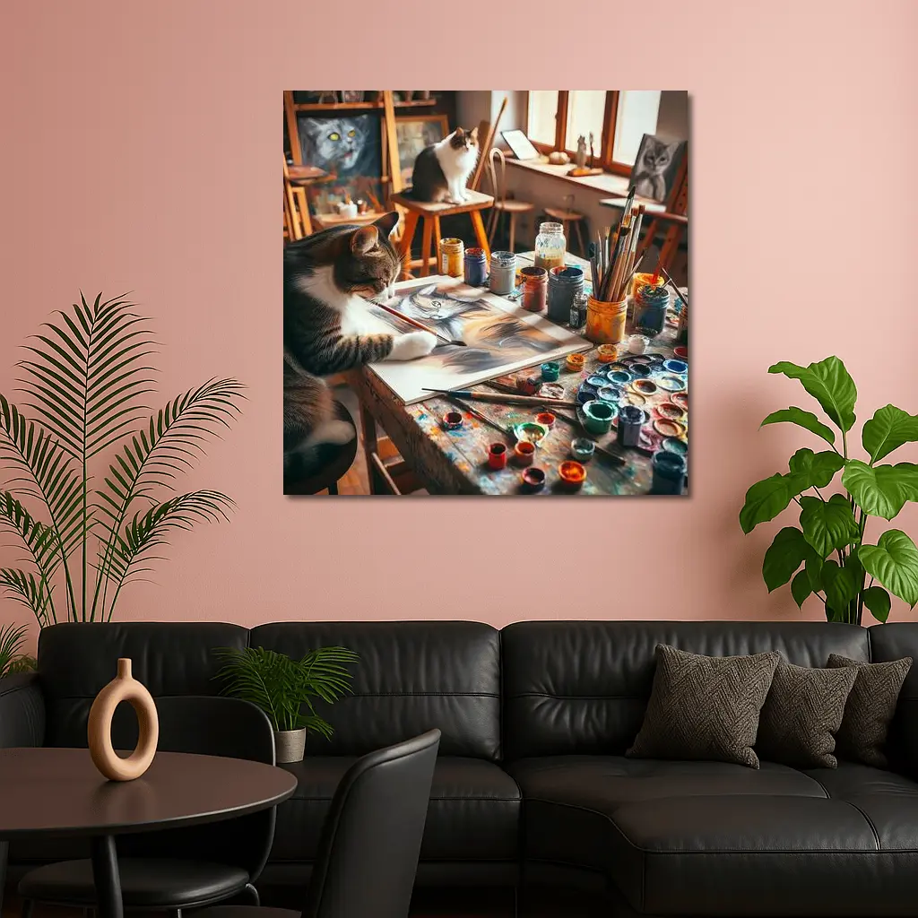Cat Painting in Cozy Art Studio – Wall Art