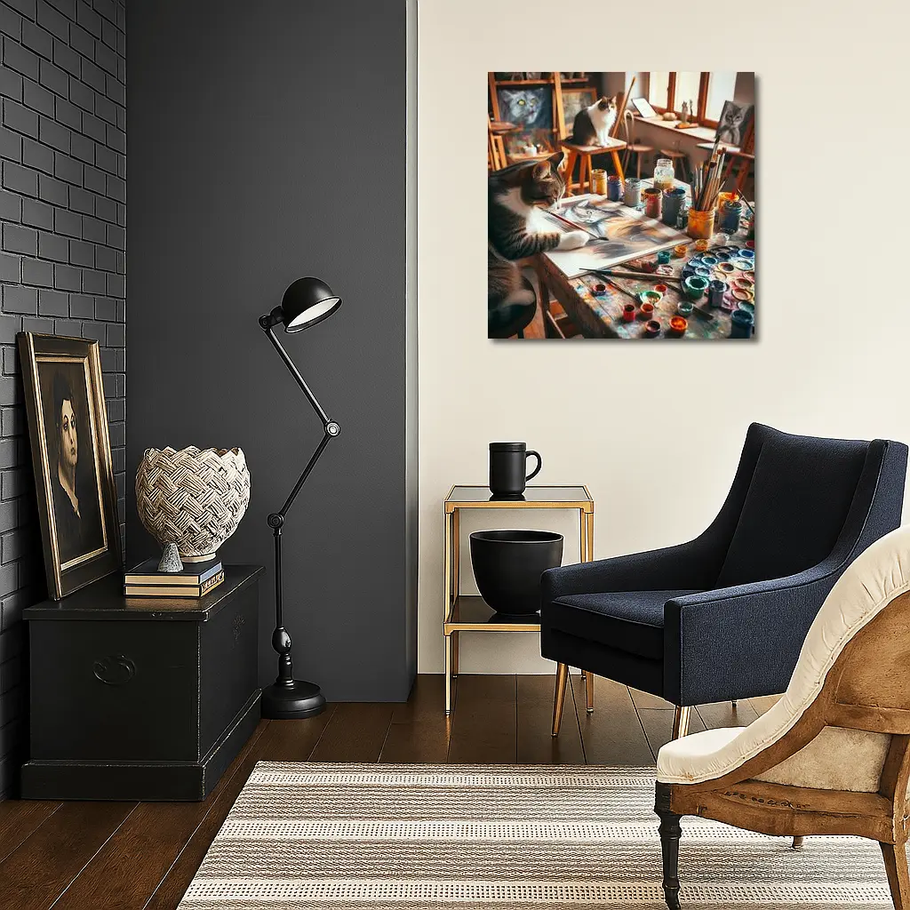 Cat Painting in Cozy Art Studio – Wall Art