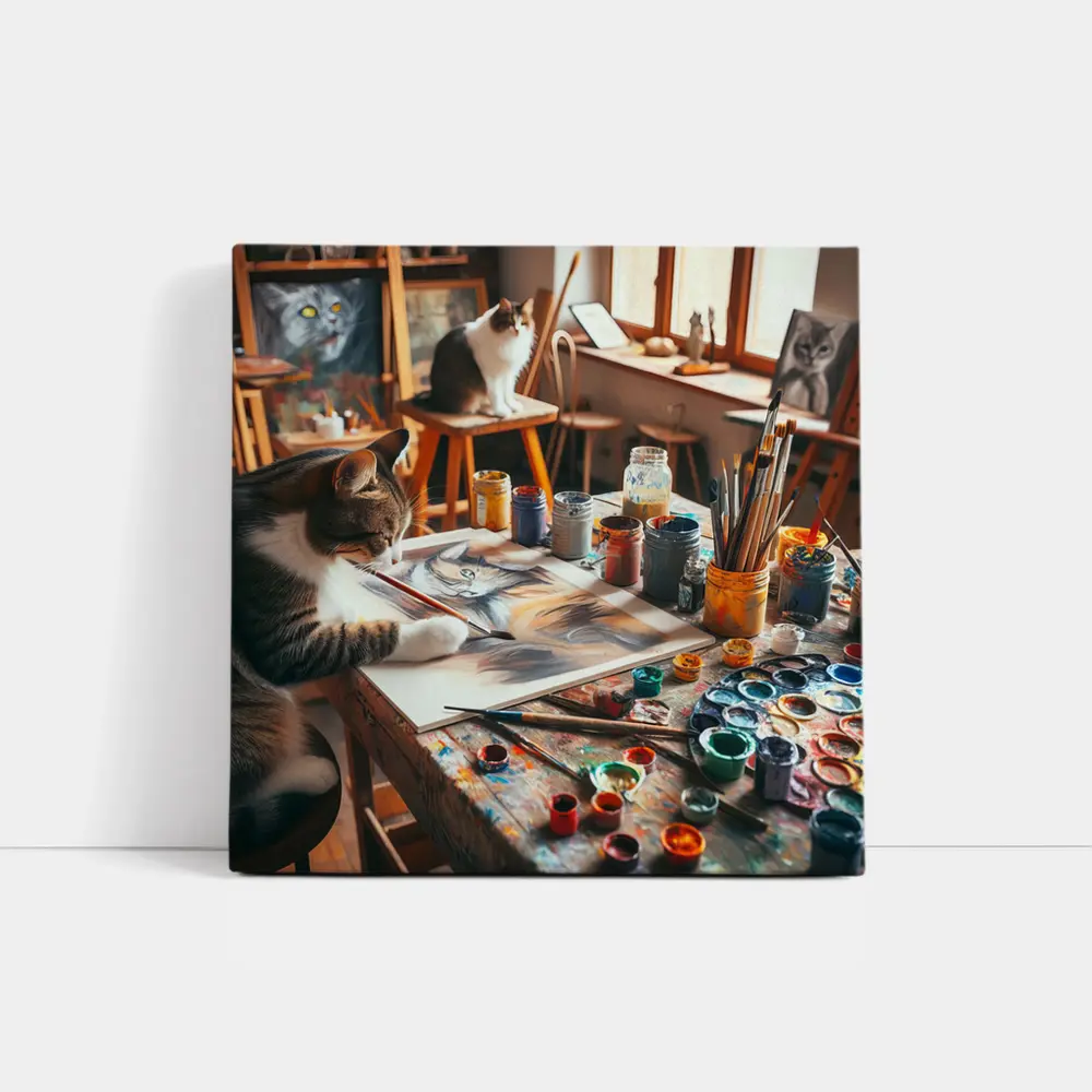 Cat Painting in Cozy Art Studio – Wall Art