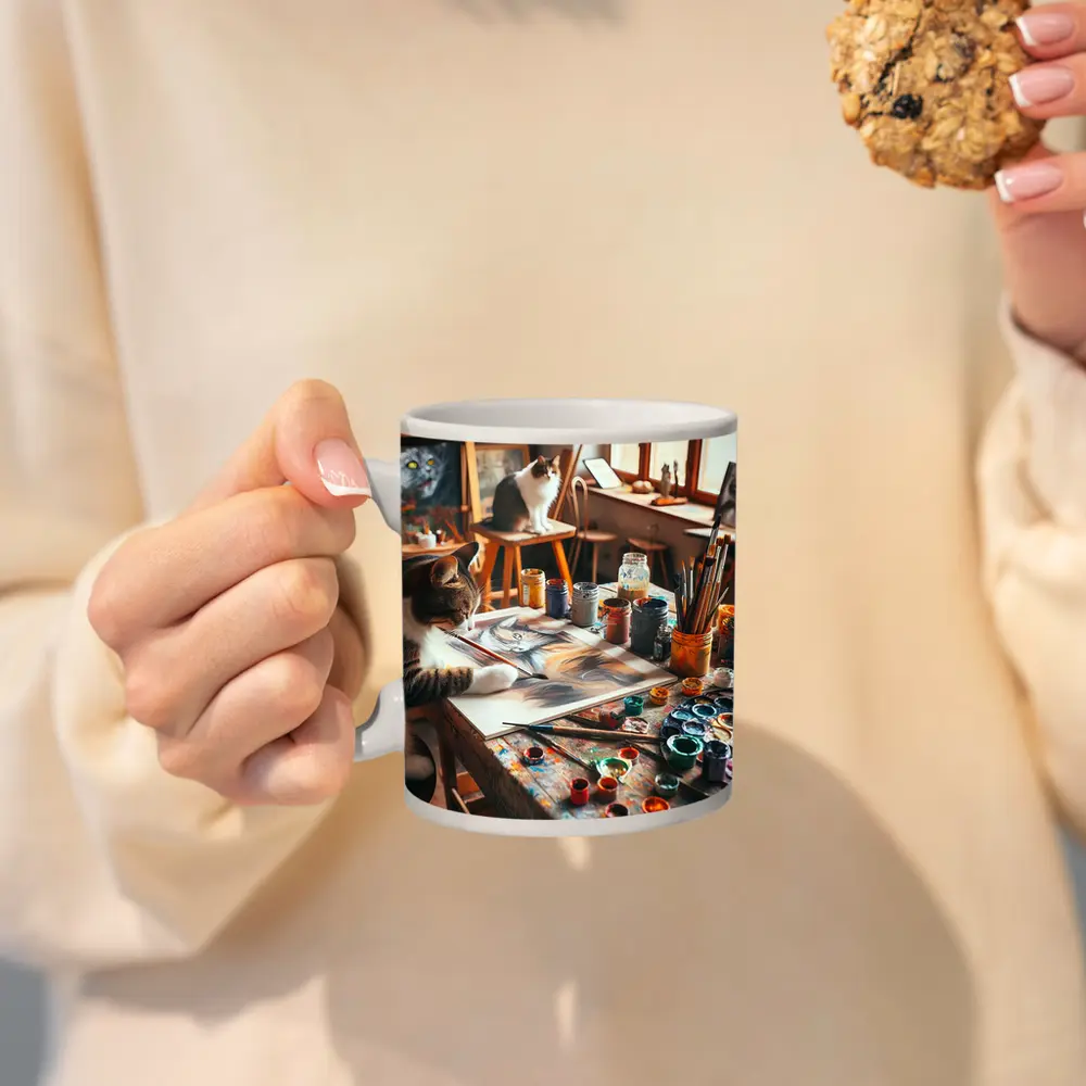 Cat Painting in Cozy Art Studio – Mugs