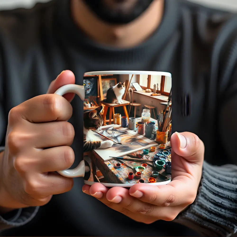 Cat Painting in Cozy Art Studio – Mugs