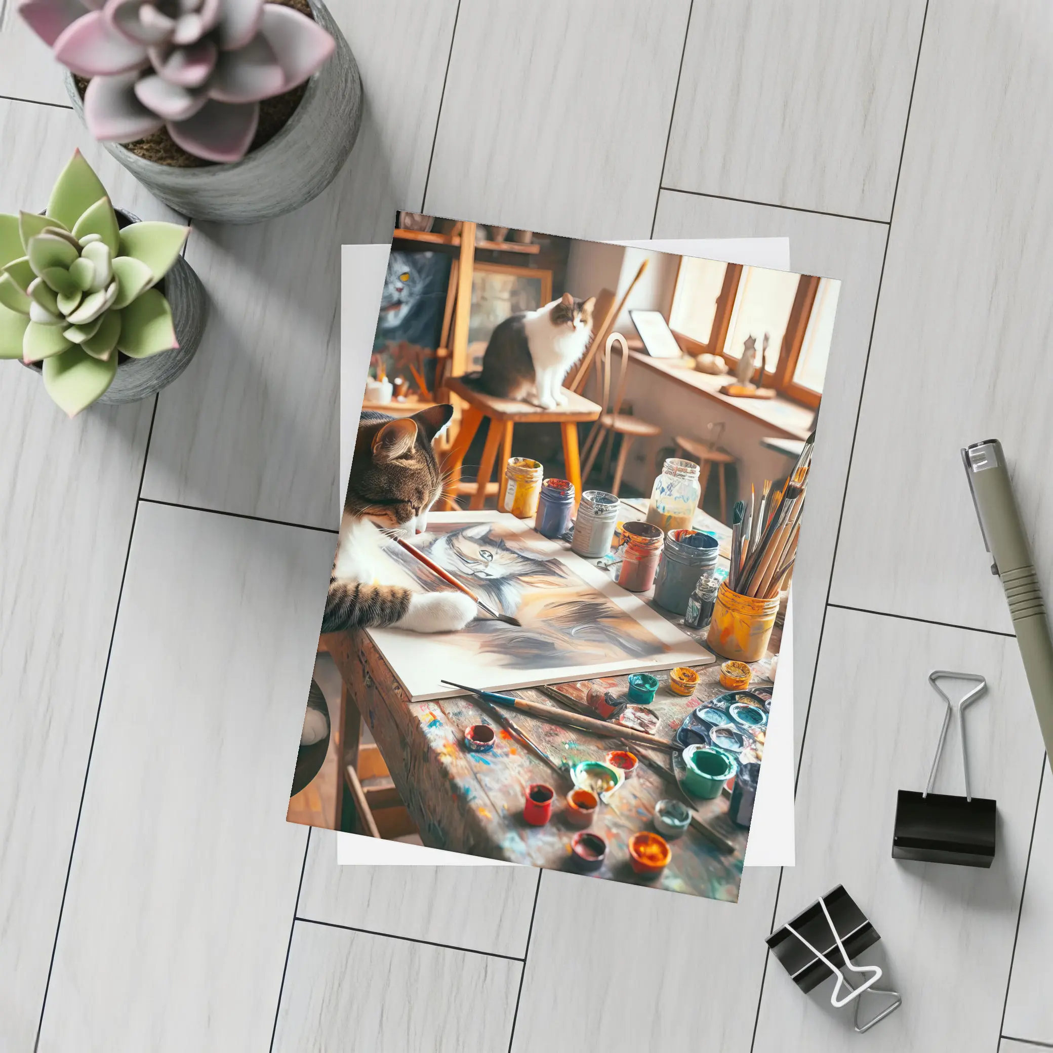 Cat Painting in Cozy Art Studio – Postcards