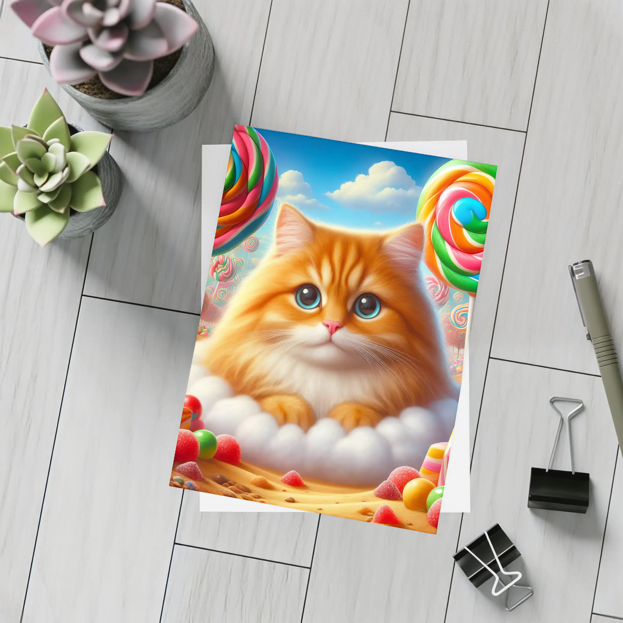 Fluffy Orange Cat Candy Land Fantasy – Postcards