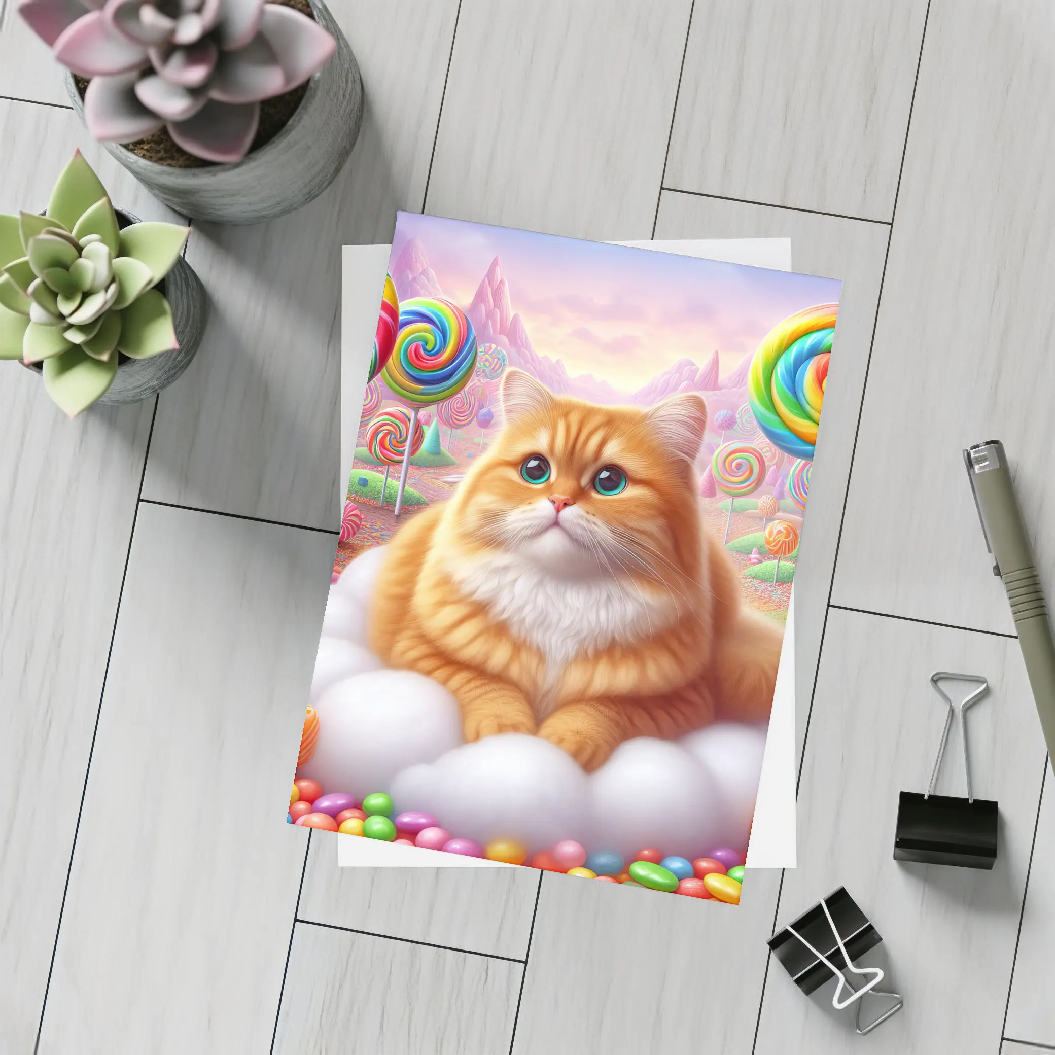 Fluffy Orange Cat Candy Land Fantasy – Postcards