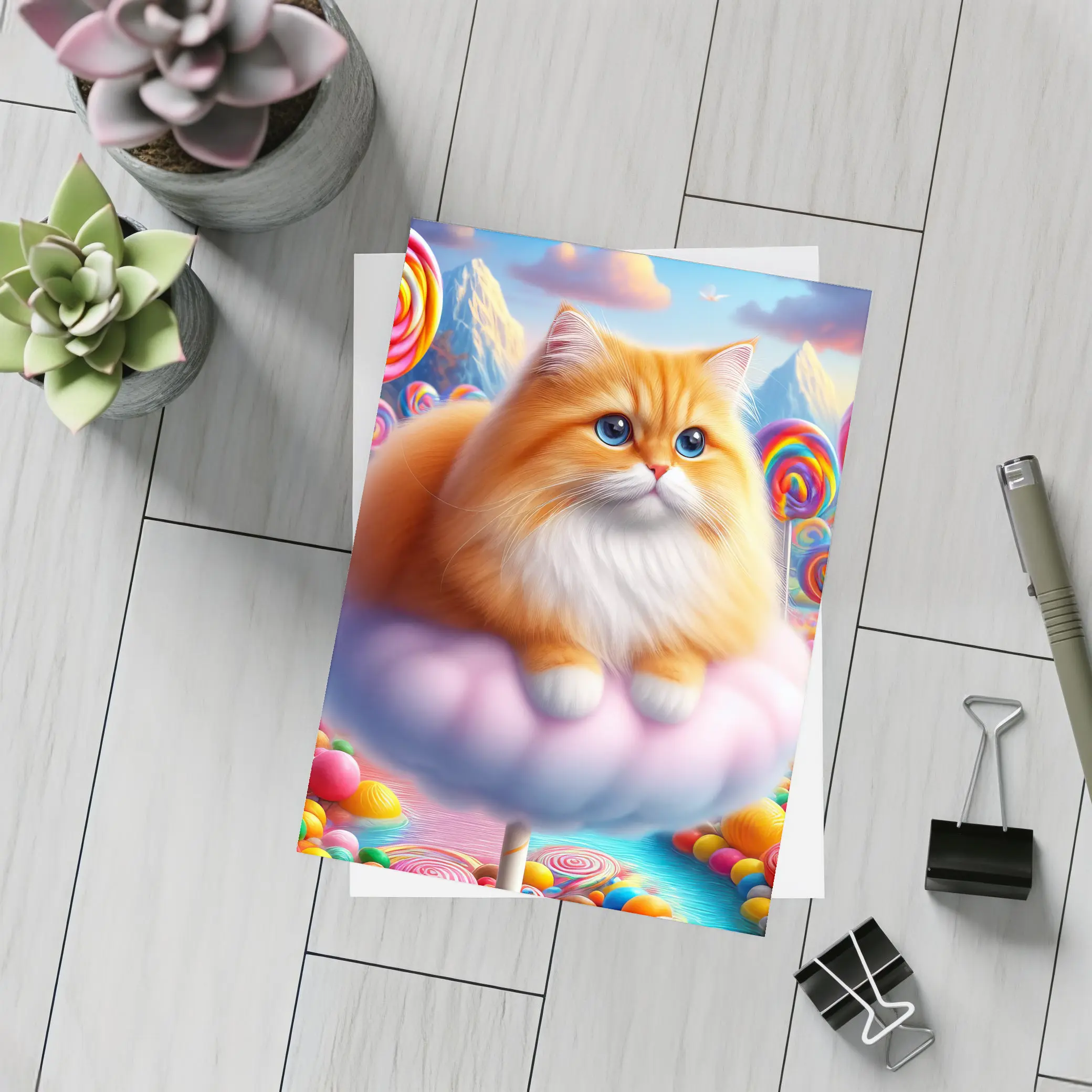 Fluffy Orange Cat Candy Land Fantasy – Postcards