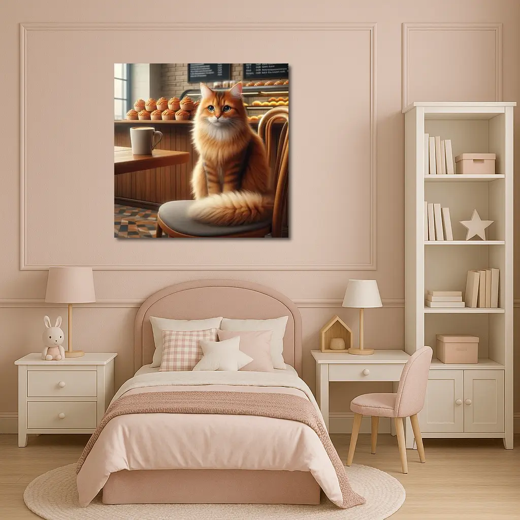 Orange Tabby Cat Sitting In Cozy Cafe – Wall Art