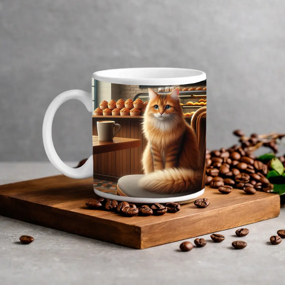 Orange Tabby Cat Sitting In Cozy Cafe – Mugs