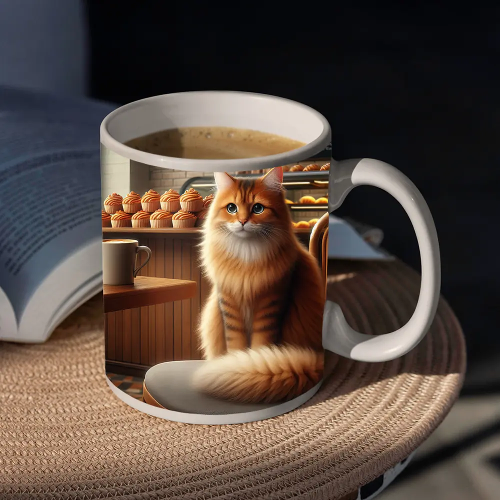 Orange Tabby Cat Sitting In Cozy Cafe – Mugs