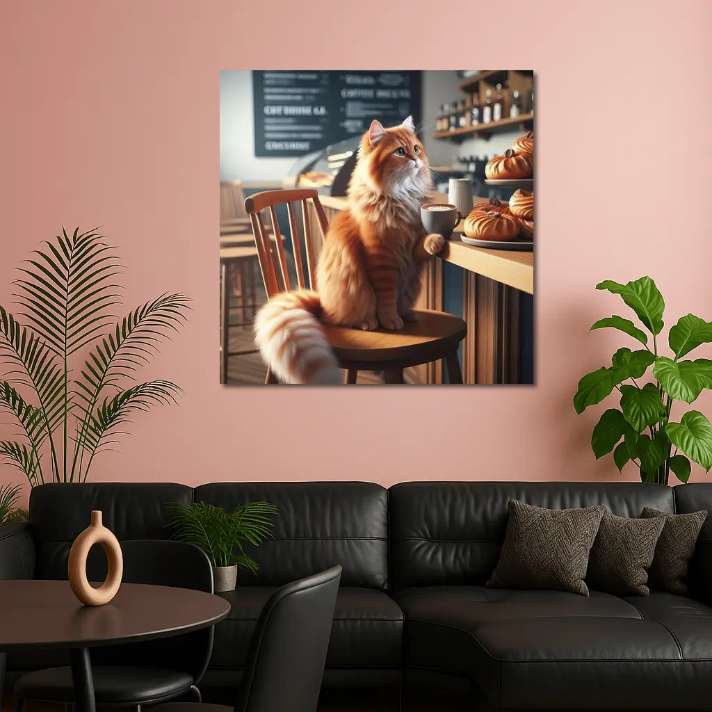 Orange Cat Sitting in Cozy Cafe – Wall Art