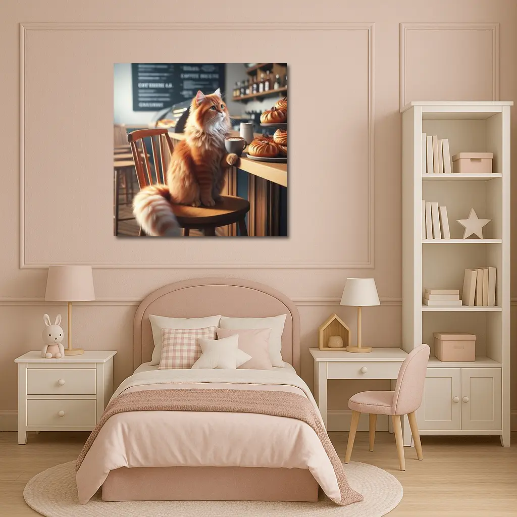 Orange Cat Sitting in Cozy Cafe – Wall Art