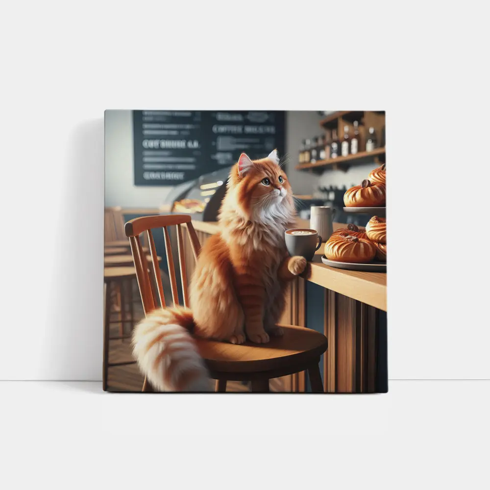 Orange Cat Sitting in Cozy Cafe – Wall Art