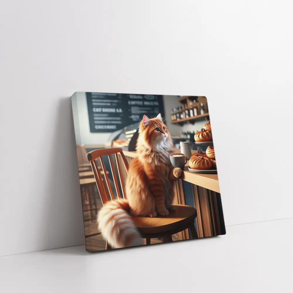Orange Cat Sitting in Cozy Cafe – Wall Art