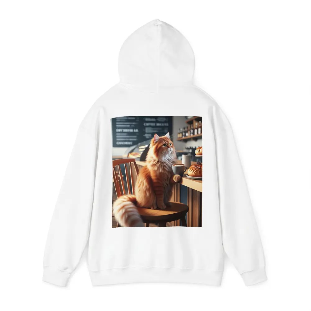 Orange Cat Sitting in Cozy Cafe – Hoodies
