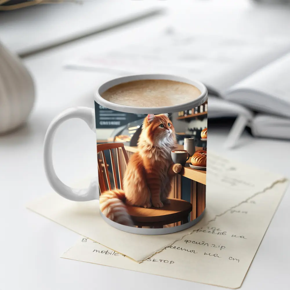 Orange Cat Sitting in Cozy Cafe – Mugs