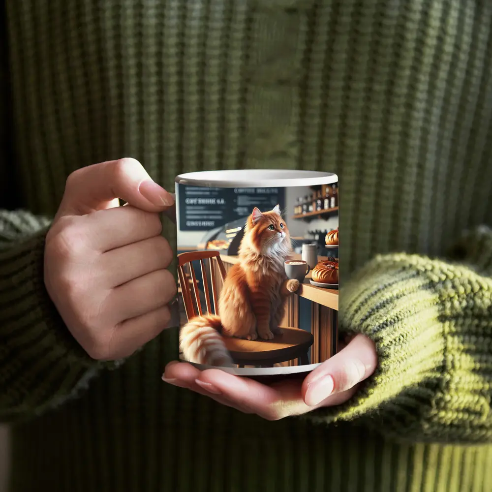 Orange Cat Sitting in Cozy Cafe – Mugs