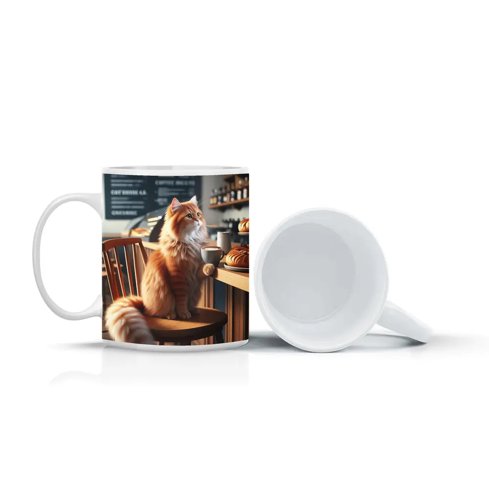 Orange Cat Sitting in Cozy Cafe – Mugs