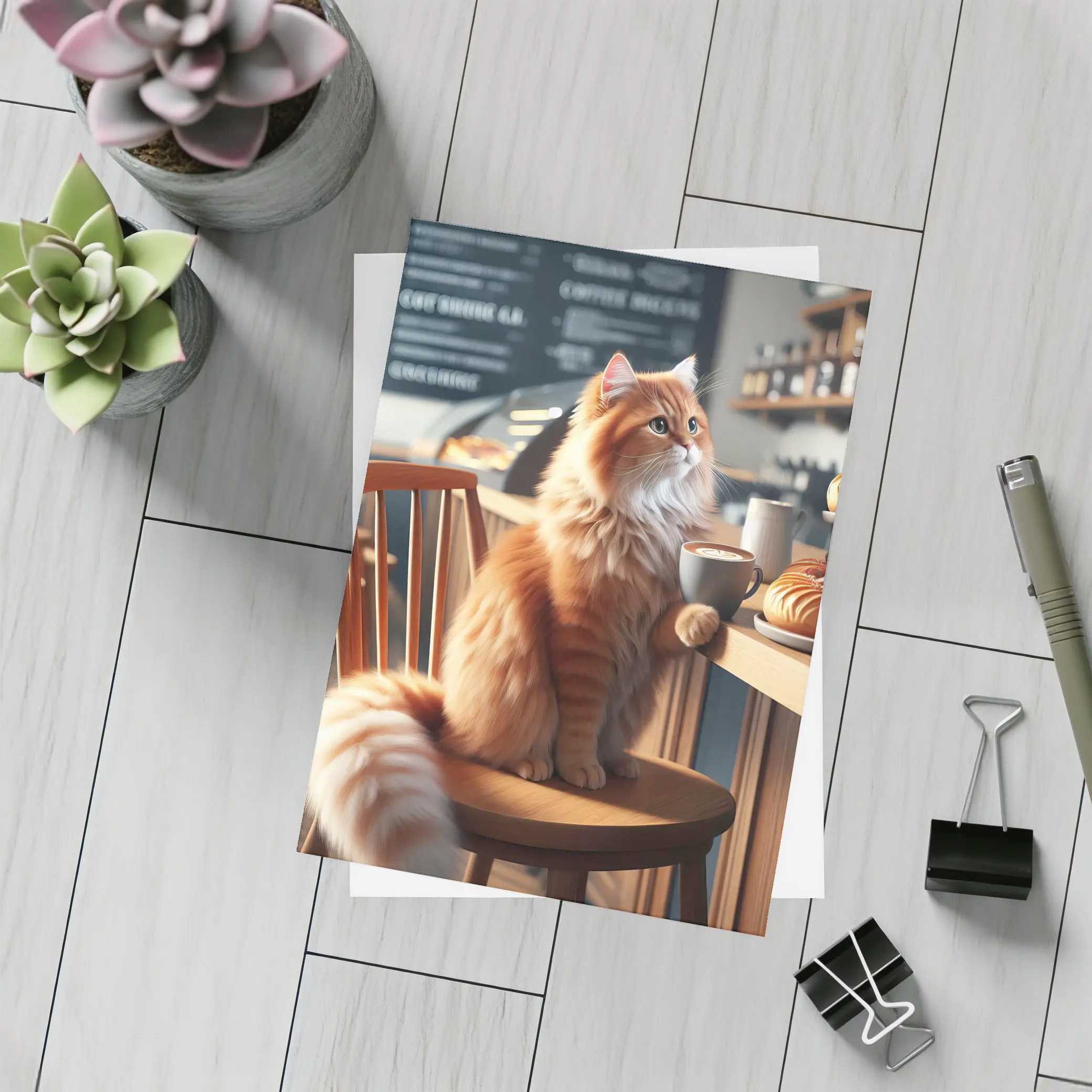Orange Cat Sitting in Cozy Cafe – Postcards