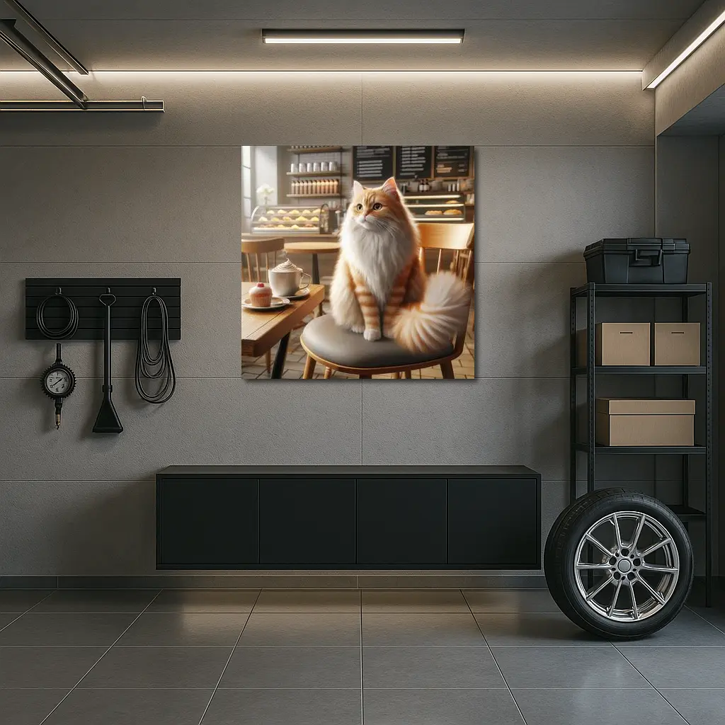 Fluffy Orange Cat Sitting In Coffee Shop – Wall Art
