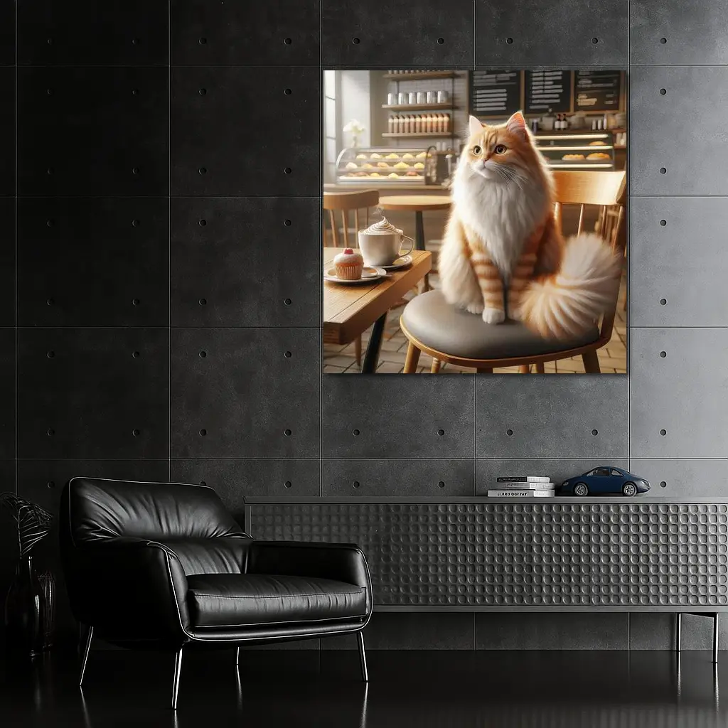 Fluffy Orange Cat Sitting In Coffee Shop – Wall Art