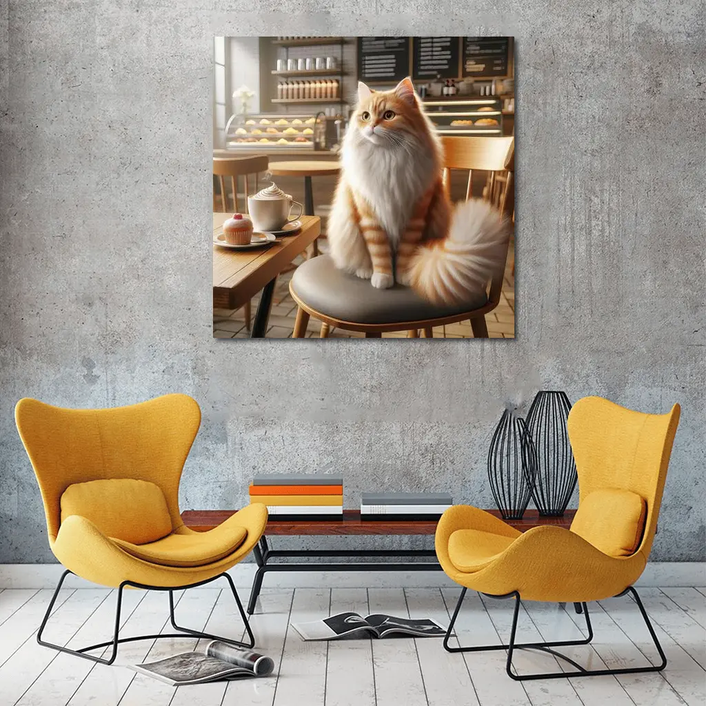 Fluffy Orange Cat Sitting In Coffee Shop – Wall Art
