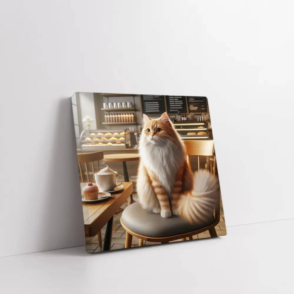 Fluffy Orange Cat Sitting In Coffee Shop – Wall Art