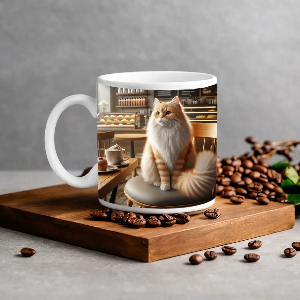 Fluffy Orange Cat Sitting In Coffee Shop – Mugs