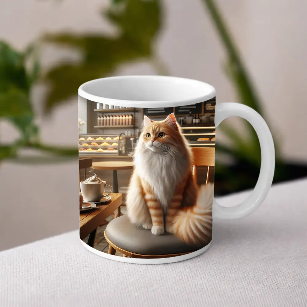 Fluffy Orange Cat Sitting In Coffee Shop – Mugs