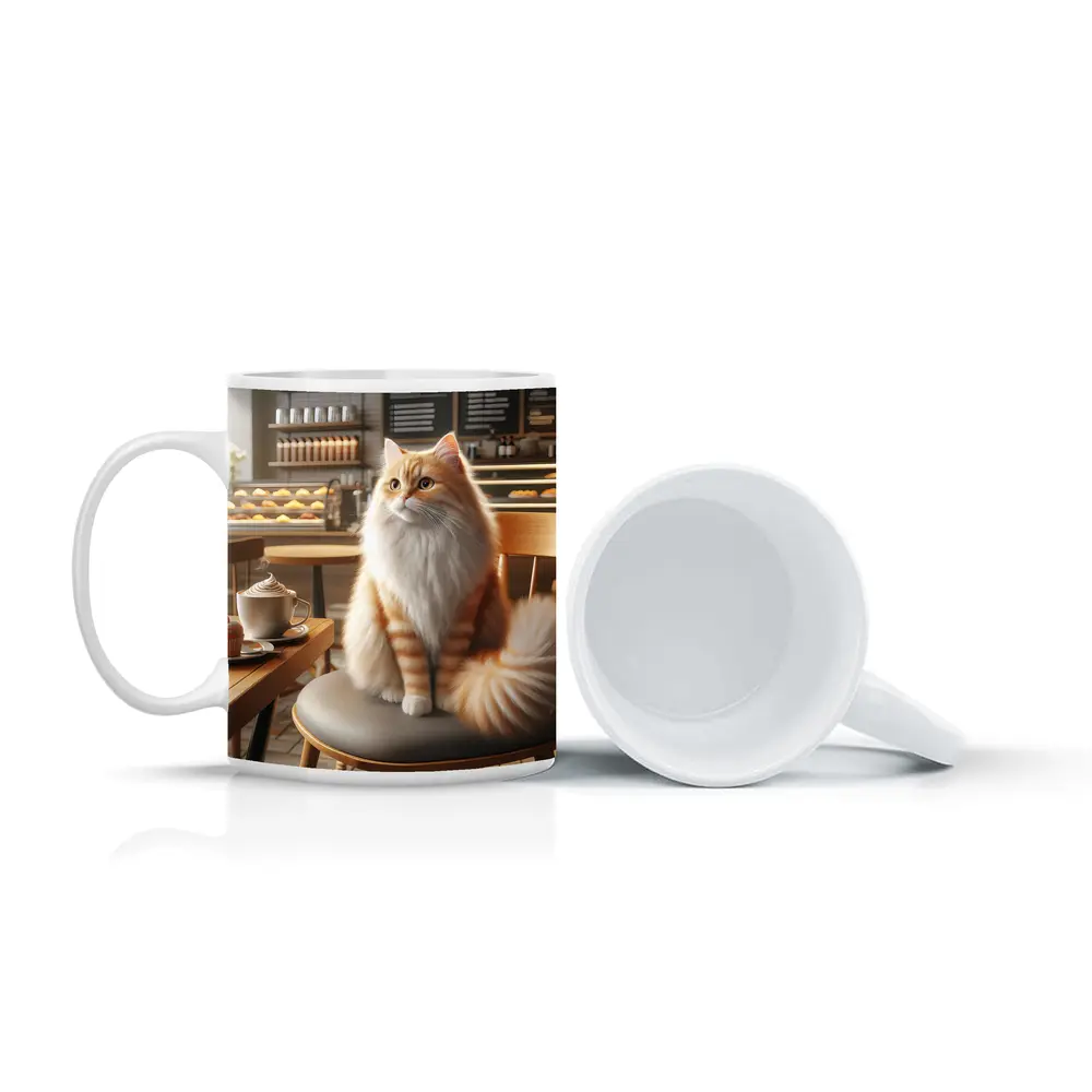 Fluffy Orange Cat Sitting In Coffee Shop – Mugs