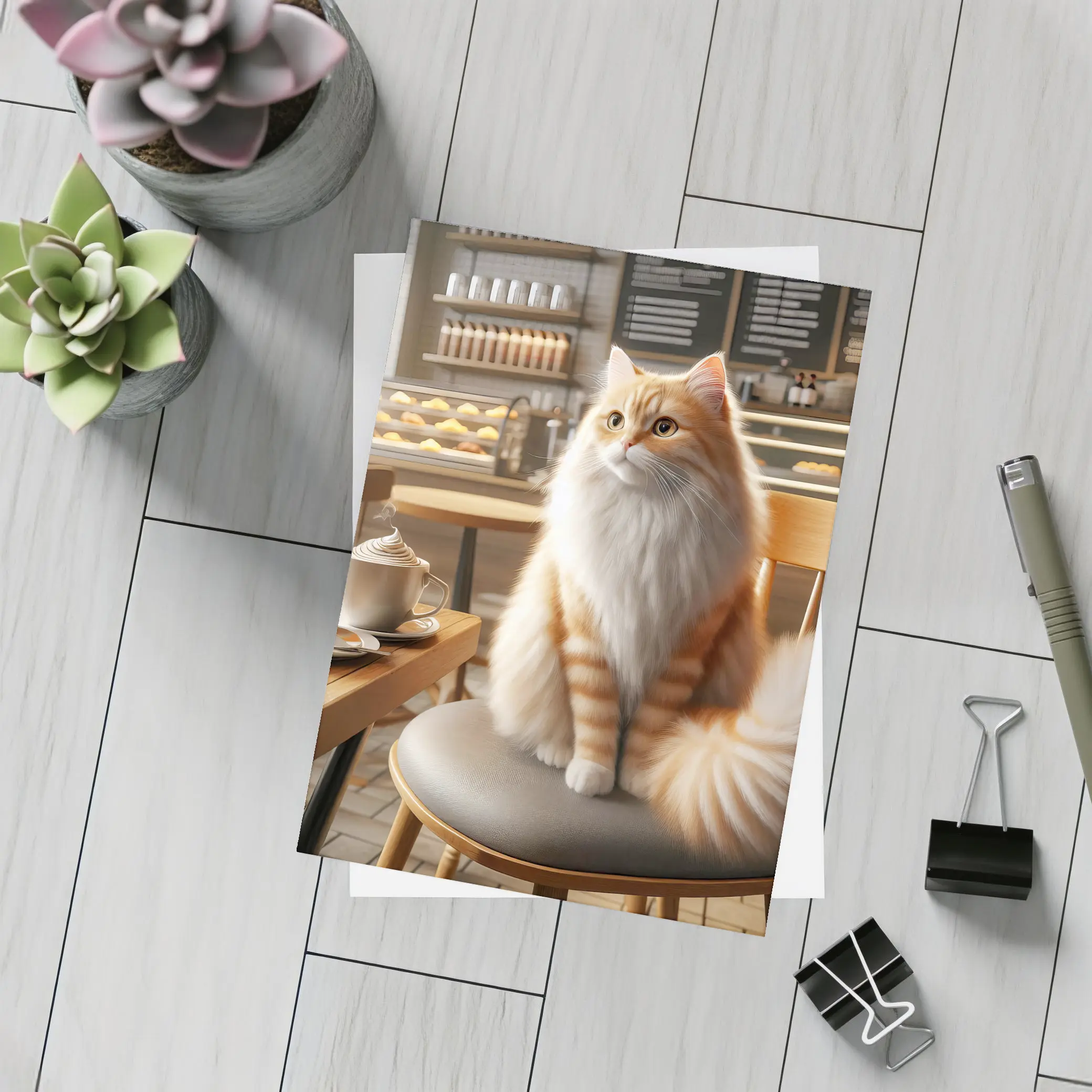 Fluffy Orange Cat Sitting In Coffee Shop – Postcards