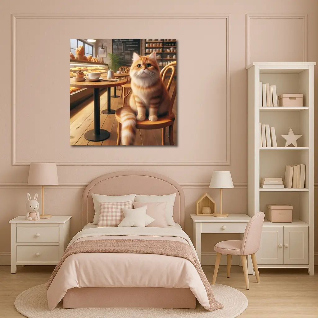 Fluffy Orange Cat Sitting In Cozy Cafe – Wall Art