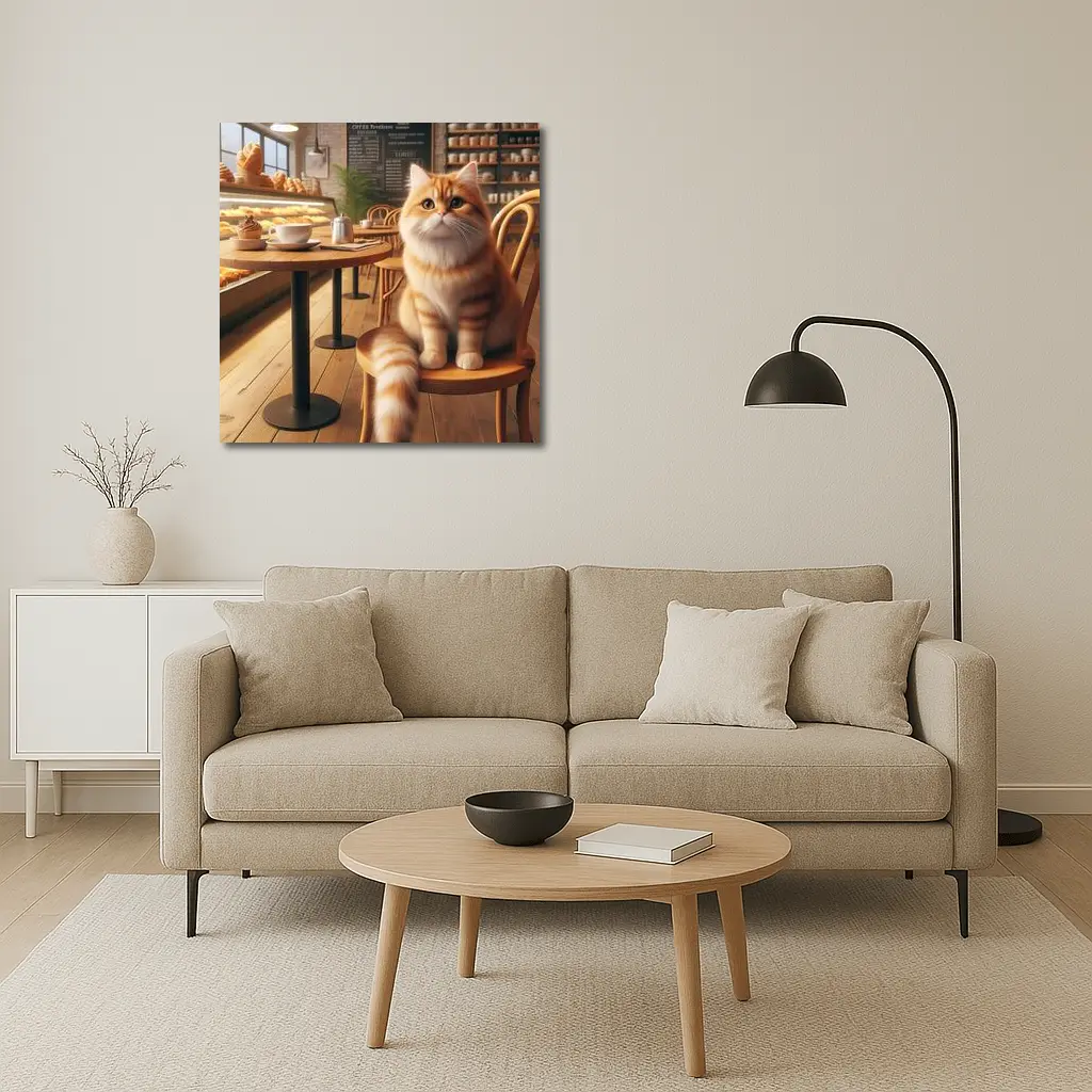 Fluffy Orange Cat Sitting In Cozy Cafe – Wall Art