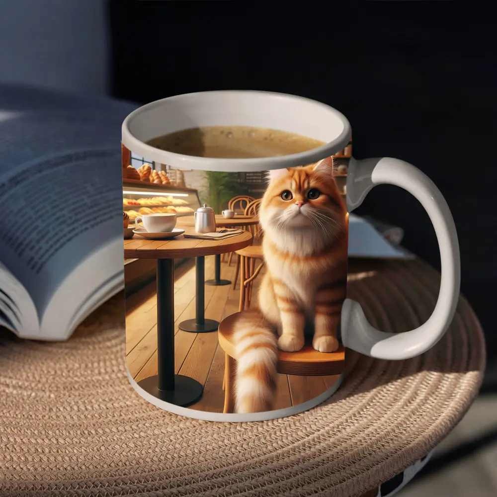 Fluffy Orange Cat Sitting In Cozy Cafe – Mugs