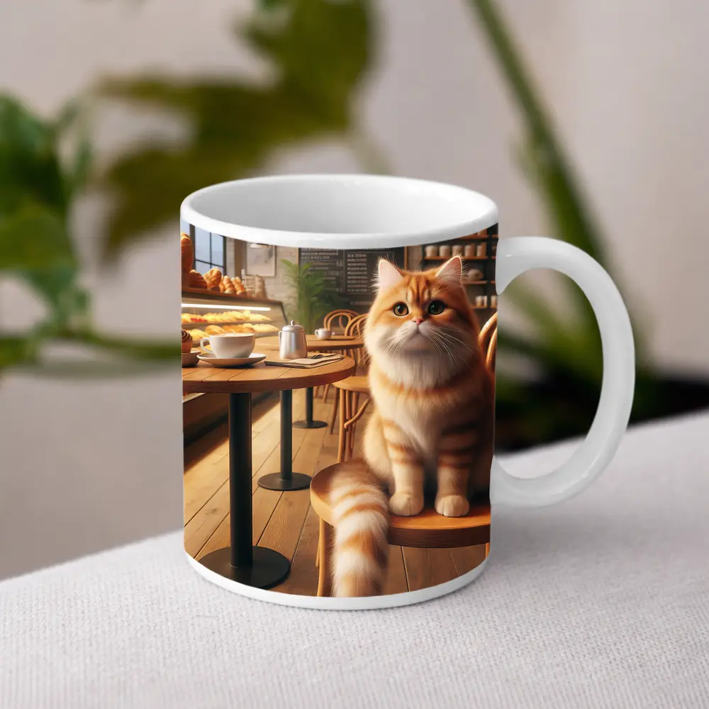 Fluffy Orange Cat Sitting In Cozy Cafe – Mugs