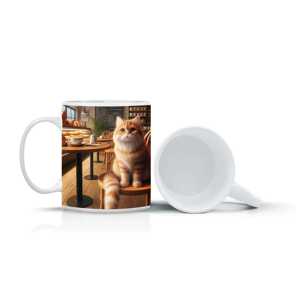 Fluffy Orange Cat Sitting In Cozy Cafe – Mugs