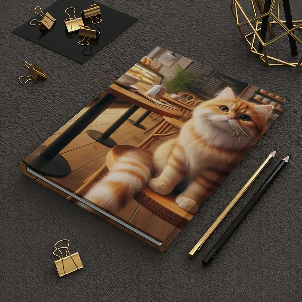 Fluffy Orange Cat Sitting In Cozy Cafe – Notebooks
