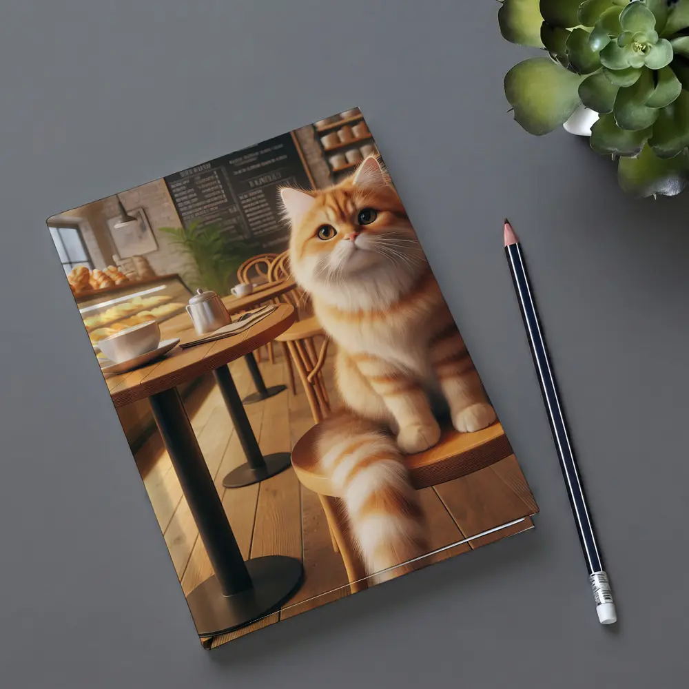 Fluffy Orange Cat Sitting In Cozy Cafe – Notebooks