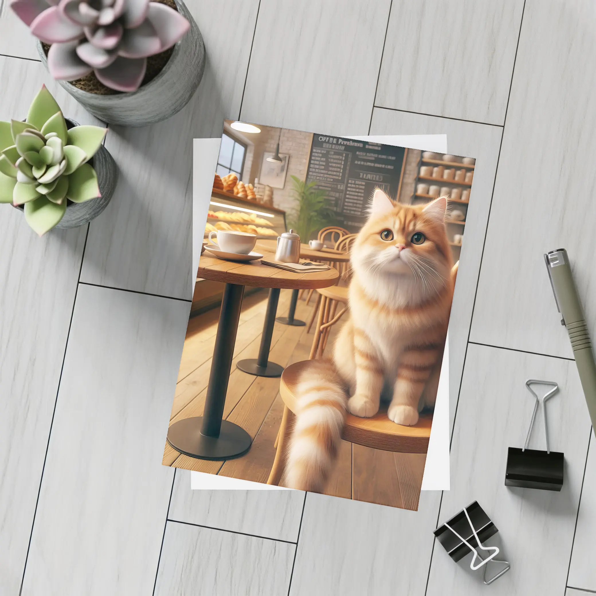 Fluffy Orange Cat Sitting In Cozy Cafe – Postcards