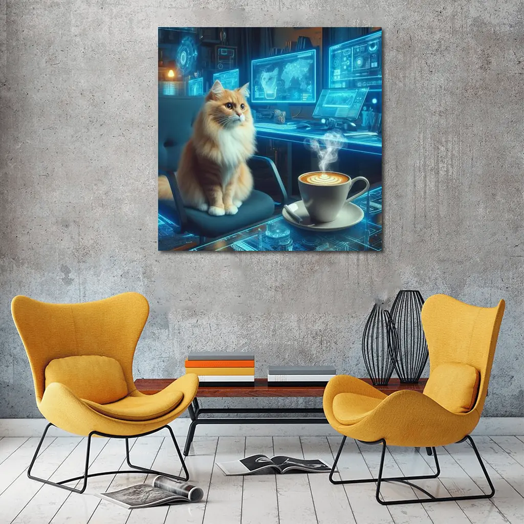Orange Cat Futuristic Cyberpunk Office Coffee – Wall Art