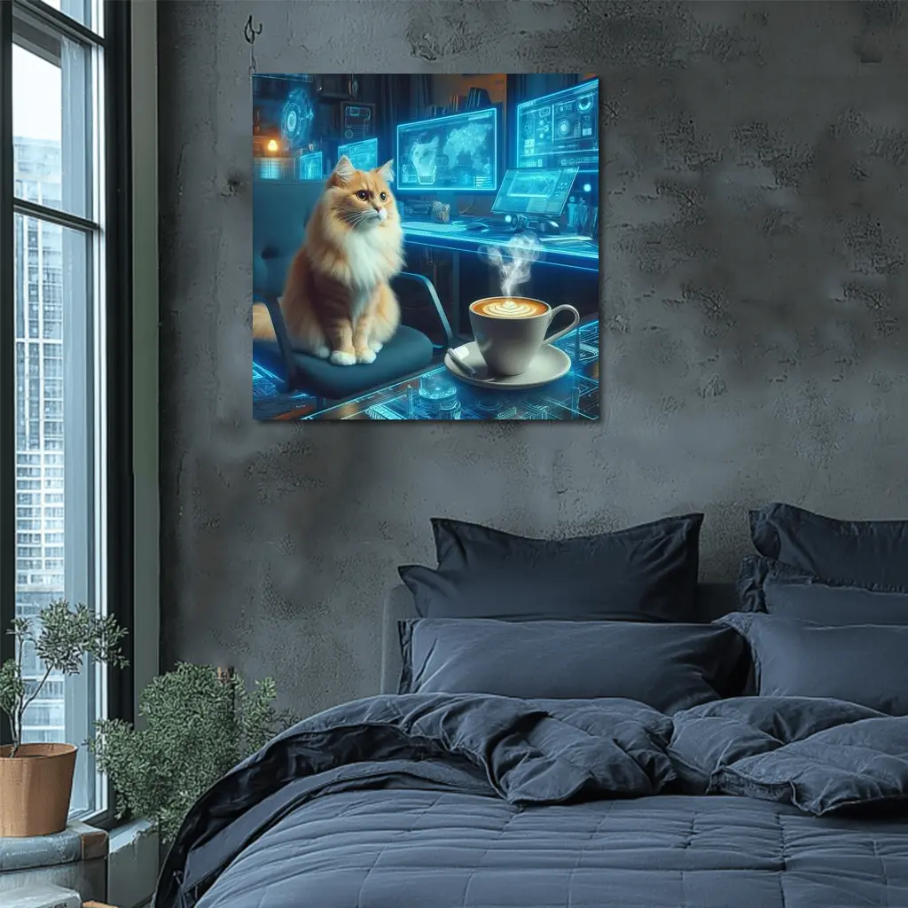 Orange Cat Futuristic Cyberpunk Office Coffee – Wall Art