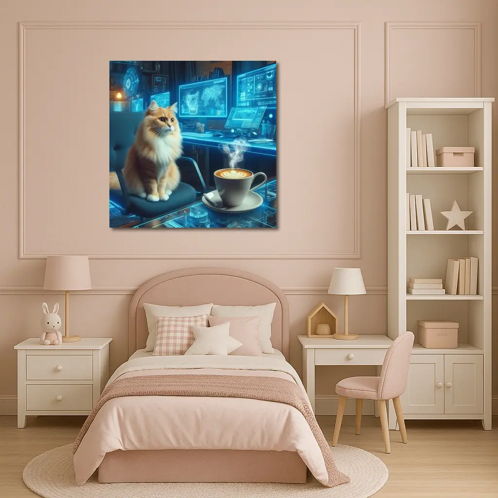 Orange Cat Futuristic Cyberpunk Office Coffee – Wall Art