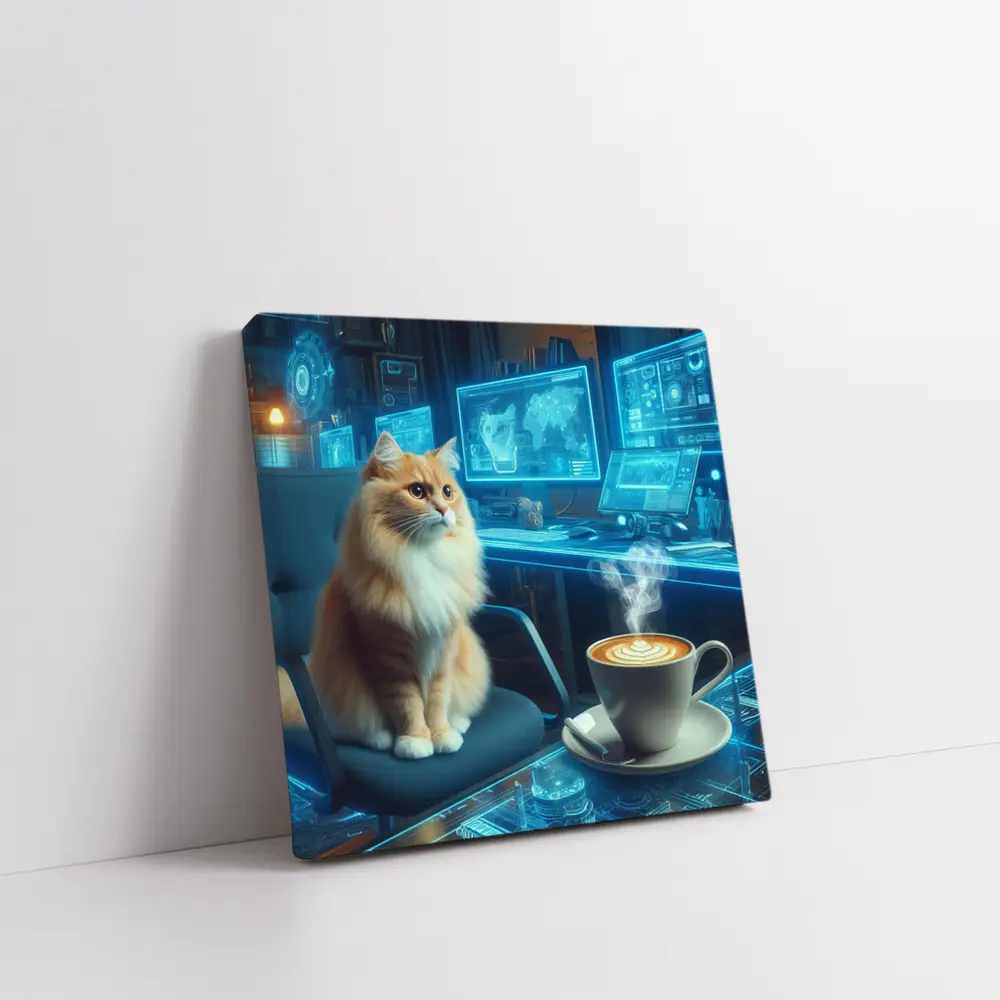 Orange Cat Futuristic Cyberpunk Office Coffee – Wall Art