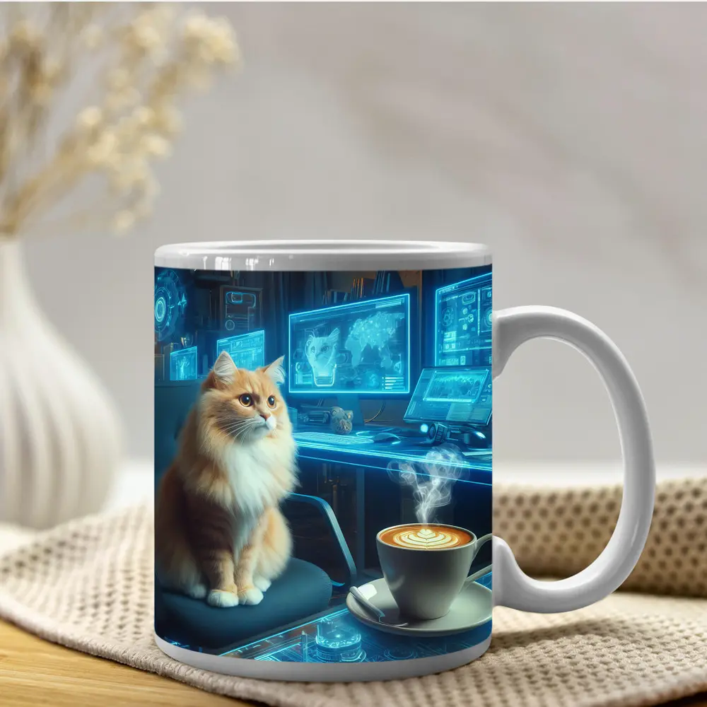 Orange Cat Futuristic Cyberpunk Office Coffee – Mugs