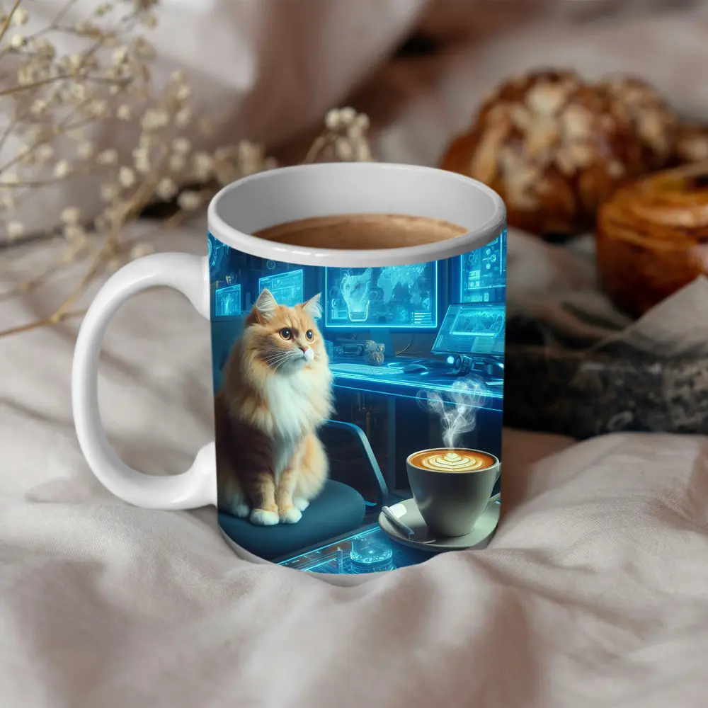 Orange Cat Futuristic Cyberpunk Office Coffee – Mugs