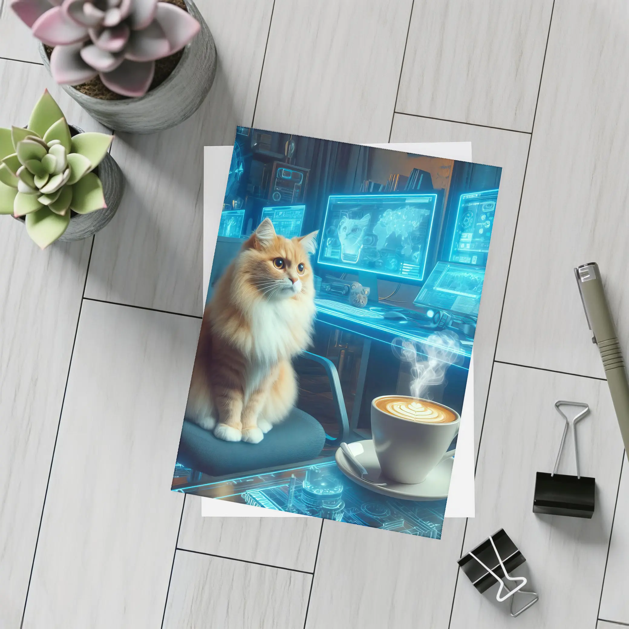 Orange Cat Futuristic Cyberpunk Office Coffee – Postcards