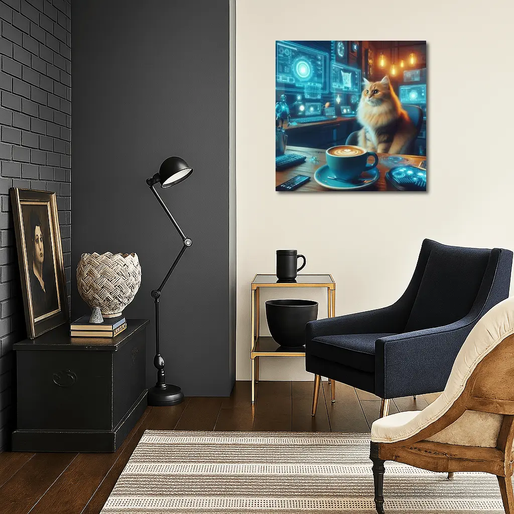 Fluffy Cat Coffee Futuristic Tech Office – Wall Art